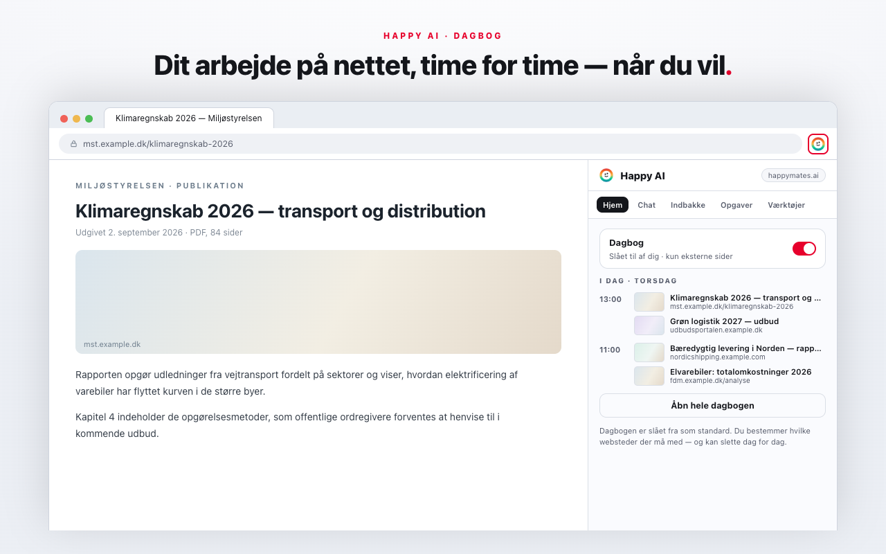 Værktøjer og dagbog i sidepanelet